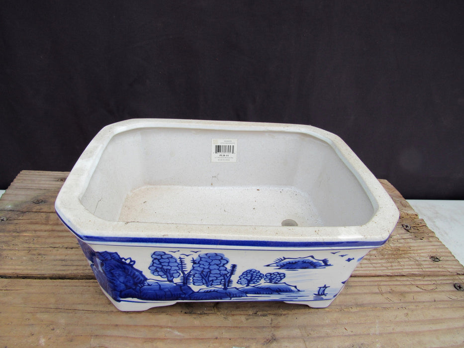 Blue on White Scenic Porcelain Bonsai Pot - Rectangle - Inside