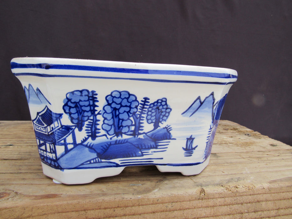 Blue on White Scenic Porcelain Bonsai Pot - Rectangle - Side