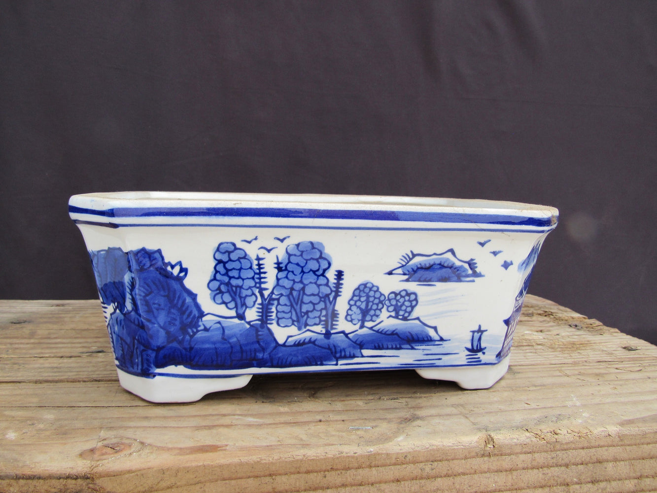 Blue on White Scenic Porcelain Bonsai Pot - Rectangle