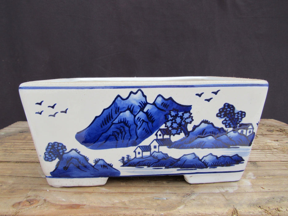 Blue on White Village Scene Porcelain Bonsai Pot - Rectangle
