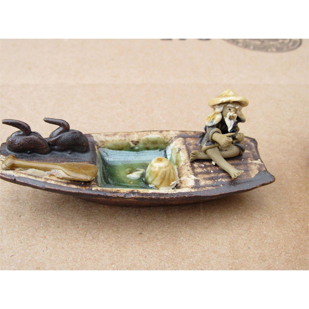 Fisherman in blue with fishing rod bonsai miniature figurine – Gaia Pottery  In